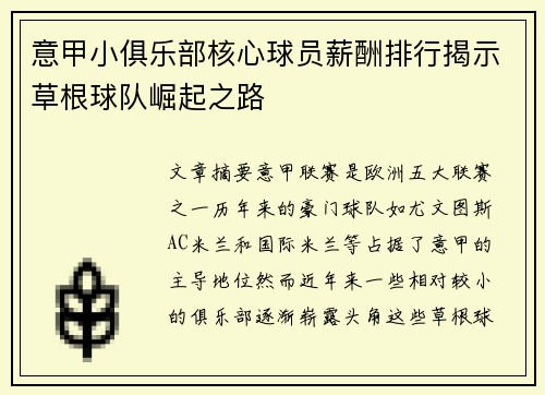 意甲小俱乐部核心球员薪酬排行揭示草根球队崛起之路